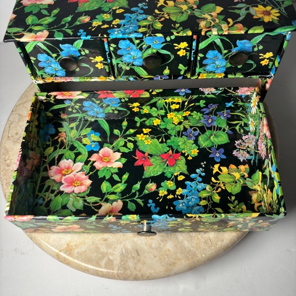 Vintage Floral Botanical 4 Drawer Jewelry Chest Organizer Boho Retro Cottage